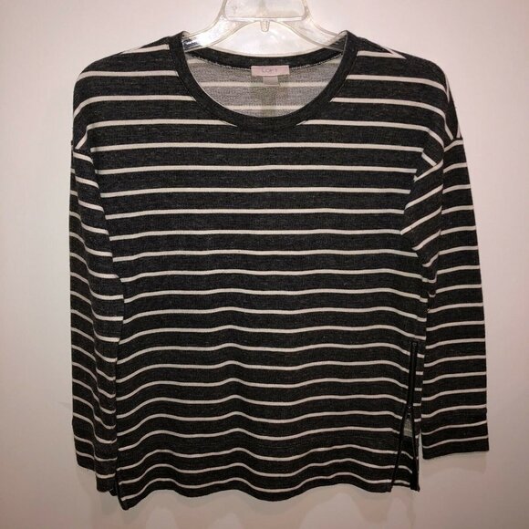 LOFT Outlet Womens Extra Small Gray Striped Round Neck Long Sleeve Shirt Top XS - Picture 2 of 8